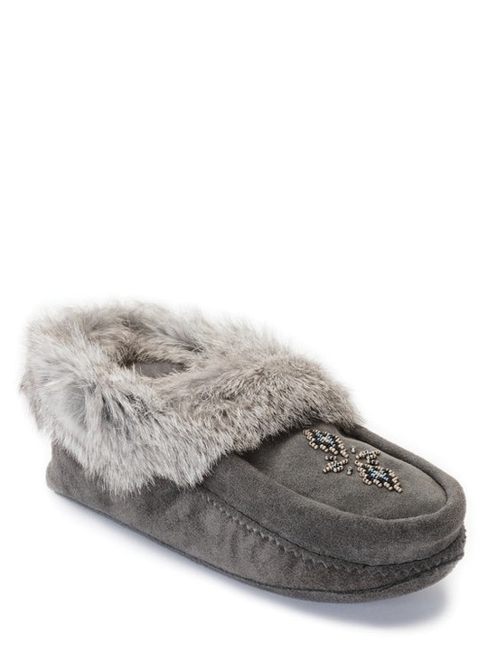 Manitobah Mukluks Shoes - [W9/M7]Manitobah Tipi Suede Moccasin Slippers charcoal Faux Fur